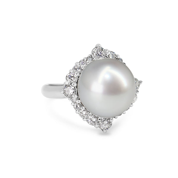 Platinum 12mm South Sea Pearl and Diamond Halo Ring