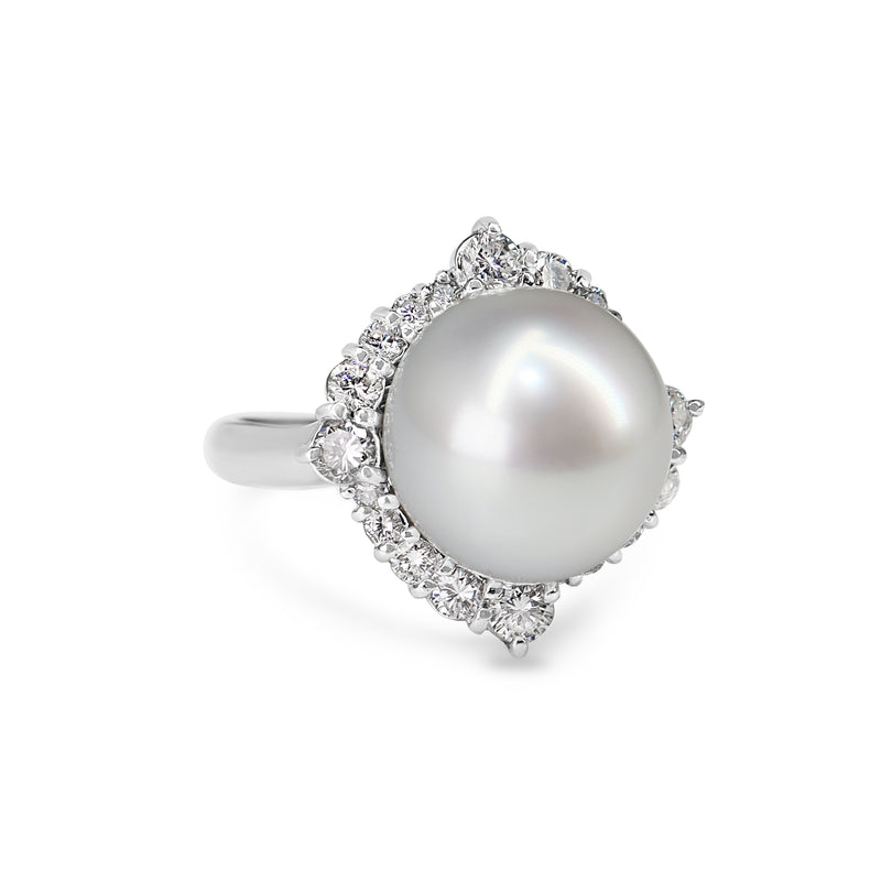 Platinum 12mm South Sea Pearl and Diamond Halo Ring