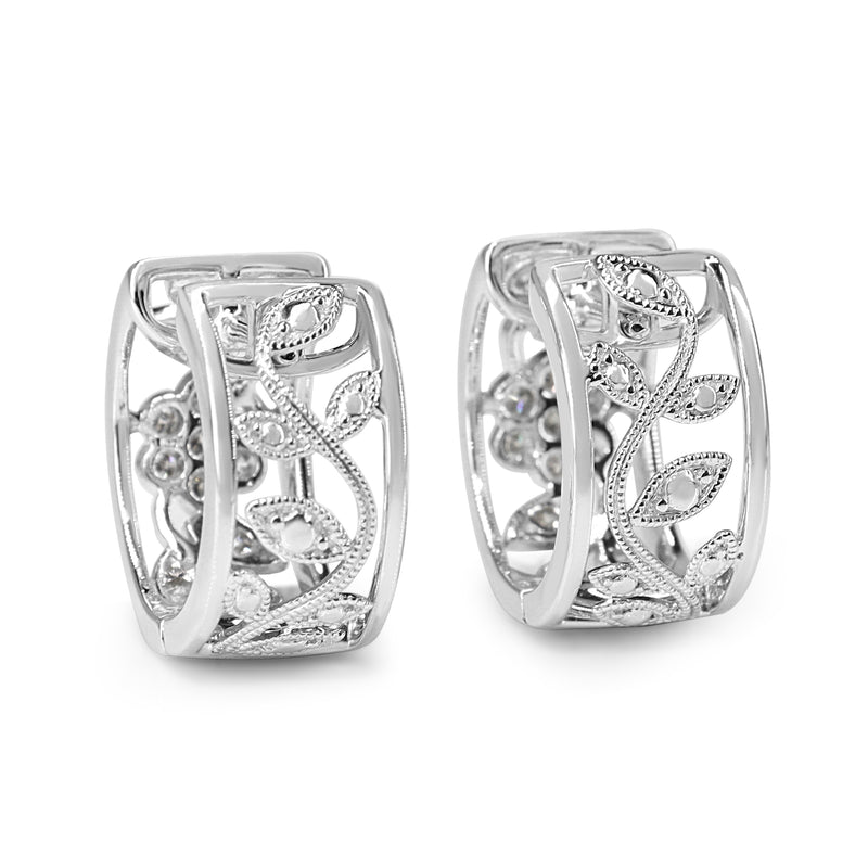 9ct White Gold Floral Diamond Hoop Earrings