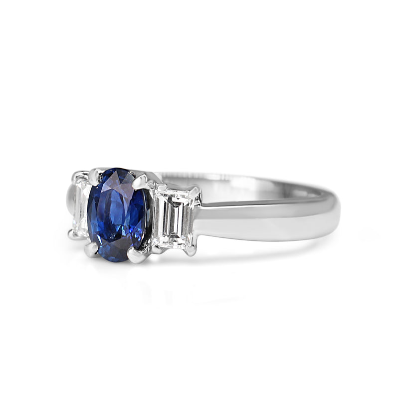 Platinum Sapphire and Baguette Diamond 3 Stone Ring