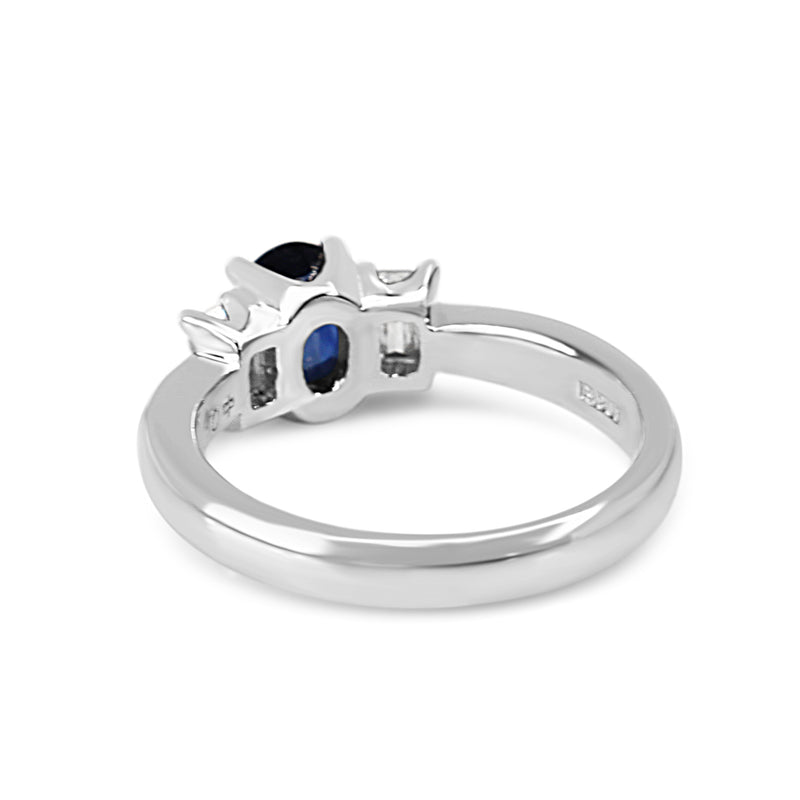 Platinum Sapphire and Baguette Diamond 3 Stone Ring