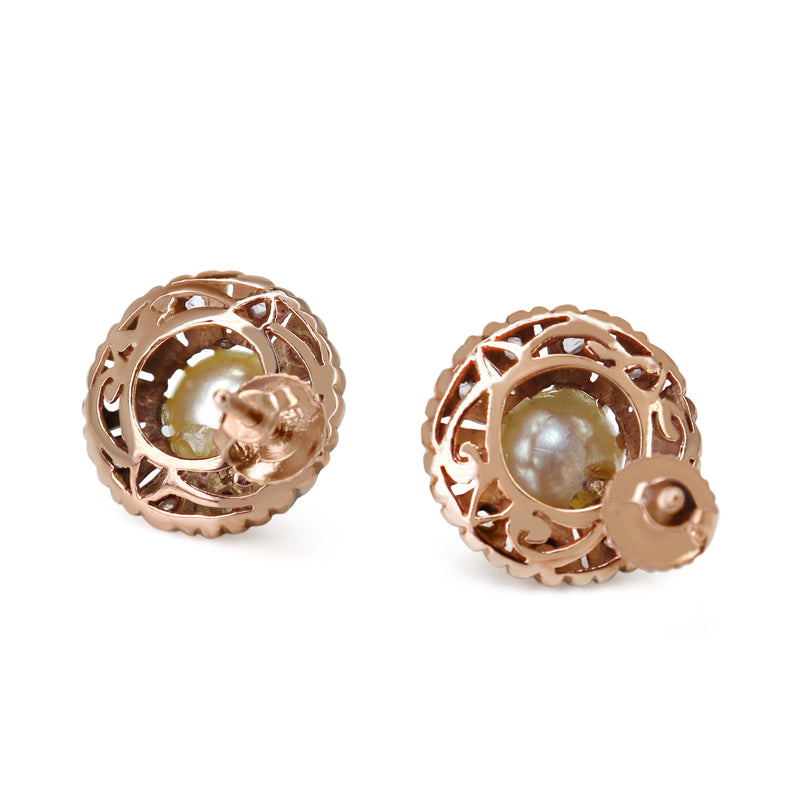 14ct Rose Gold Antique Rose Cut Diamond and Pearl Earrings