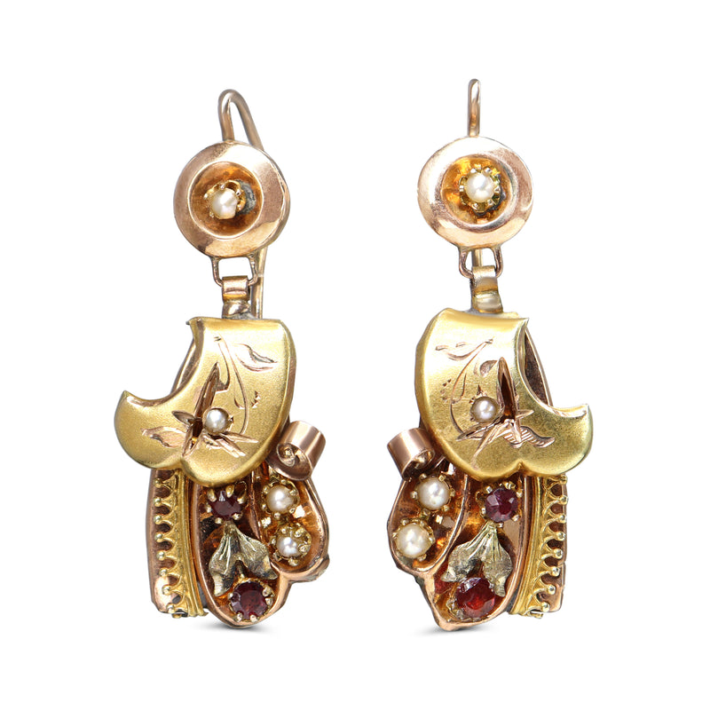 9ct Yellow Gold Ruby and Pearl Victorian Antique Earrings