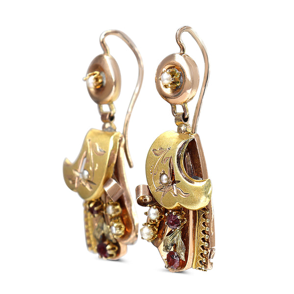 9ct Yellow Gold Ruby and Pearl Victorian Antique Earrings