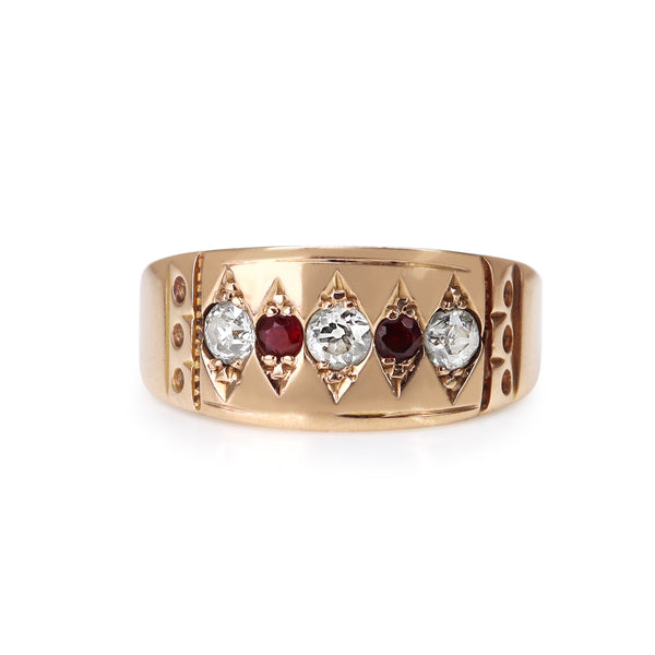 15ct Yellow Gold Antique Ruby and Old Cut Diamond Band Ring