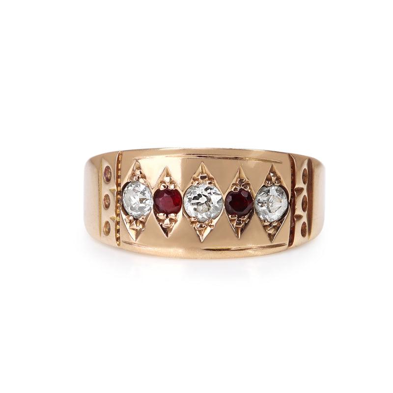 15ct Yellow Gold Antique Ruby and Old Cut Diamond Band Ring