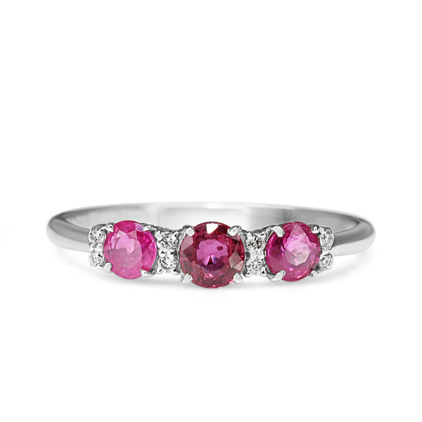 Platinum 3 Stone Ruby and Diamond Band Ring