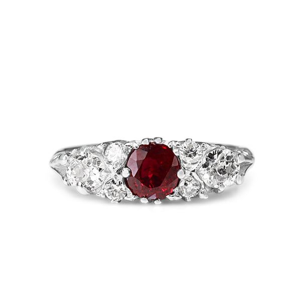 18ct White Gold Ruby and Old Cut Diamond Victorian Style Ring