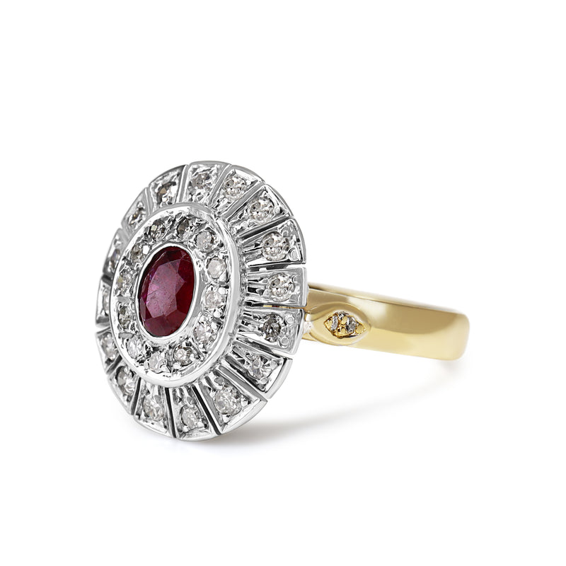 18ct Yellow and White Gold Ruby and Single Cut Diamond Vintage Halo Ring