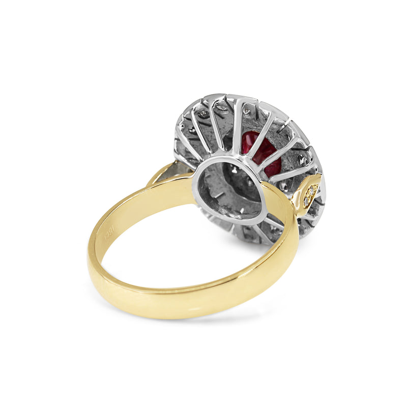 18ct Yellow and White Gold Ruby and Single Cut Diamond Vintage Halo Ring