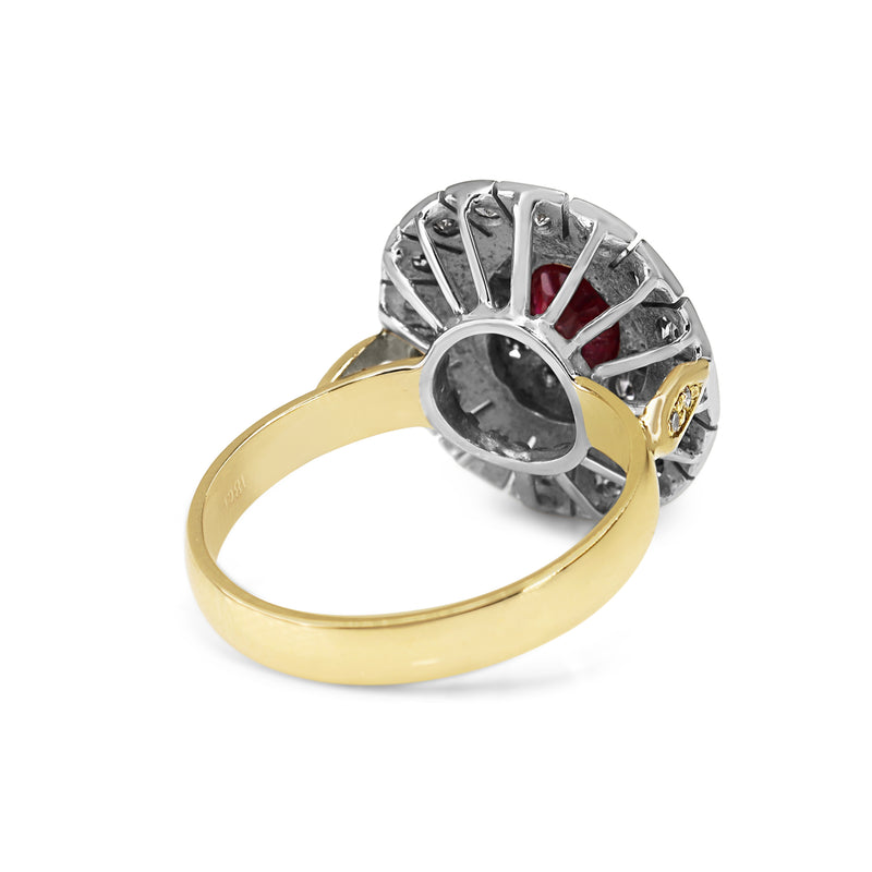 18ct Yellow and White Gold Ruby and Single Cut Diamond Vintage Halo Ring