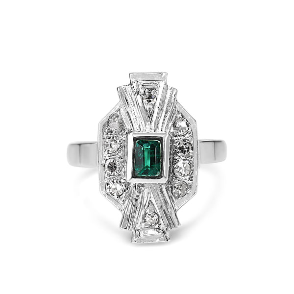 Palladium Emerald and Single Cut Diamond Art Deco Ring