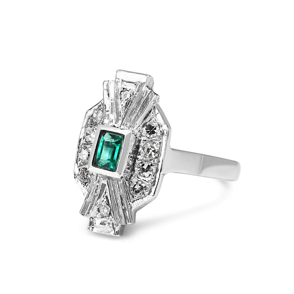 Palladium Emerald and Single Cut Diamond Art Deco Ring