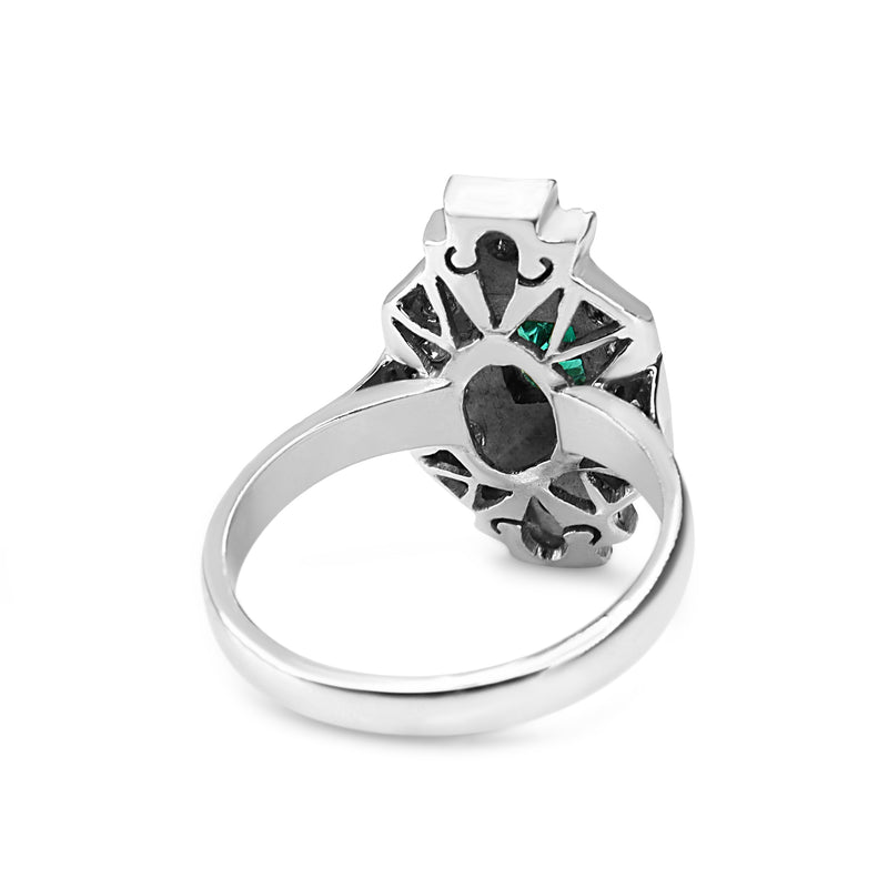 Palladium Emerald and Single Cut Diamond Art Deco Ring