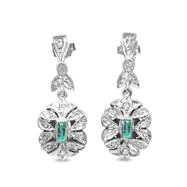 Palladium Emerald and Rose Cut Diamond Earrings