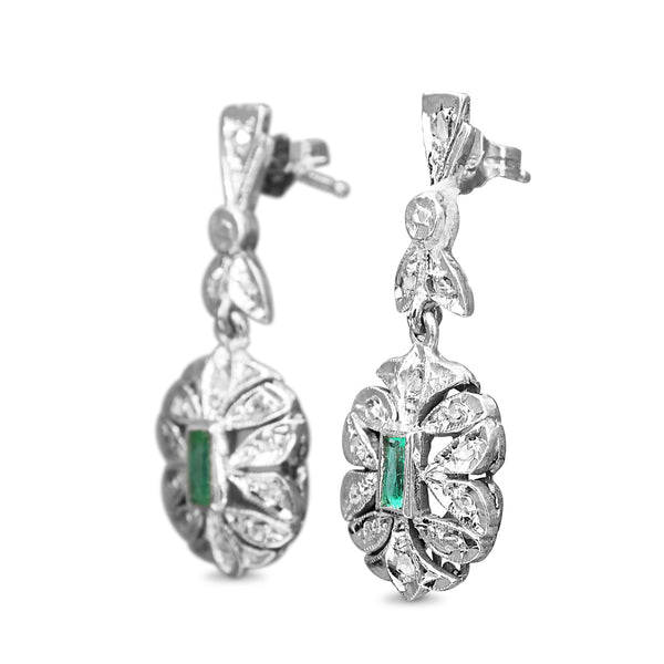 Palladium Emerald and Rose Cut Diamond Earrings