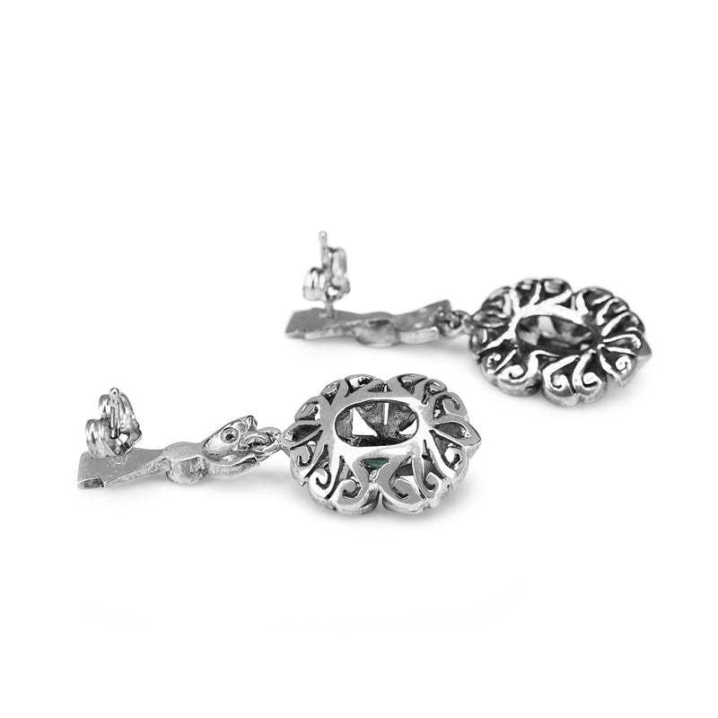 Palladium Emerald and Rose Cut Diamond Earrings