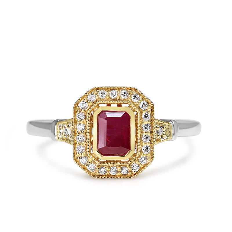 9ct Yellow and White Gold Ruby and Diamond Deco Style Halo Ring