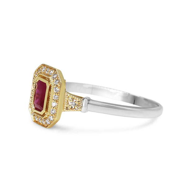 9ct Yellow and White Gold Ruby and Diamond Deco Style Halo Ring