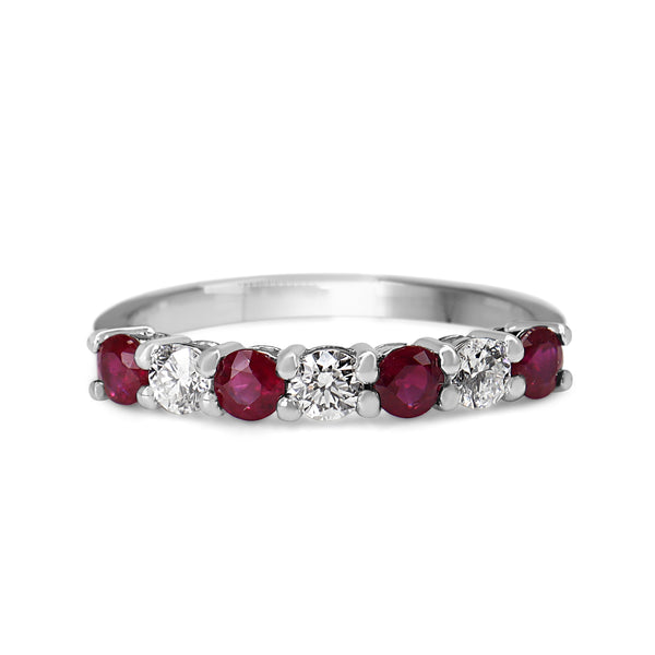 9ct White Gold Ruby and Diamond Shared Claw Band Ring
