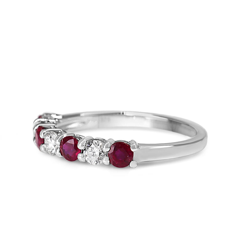 9ct White Gold Ruby and Diamond Shared Claw Band Ring