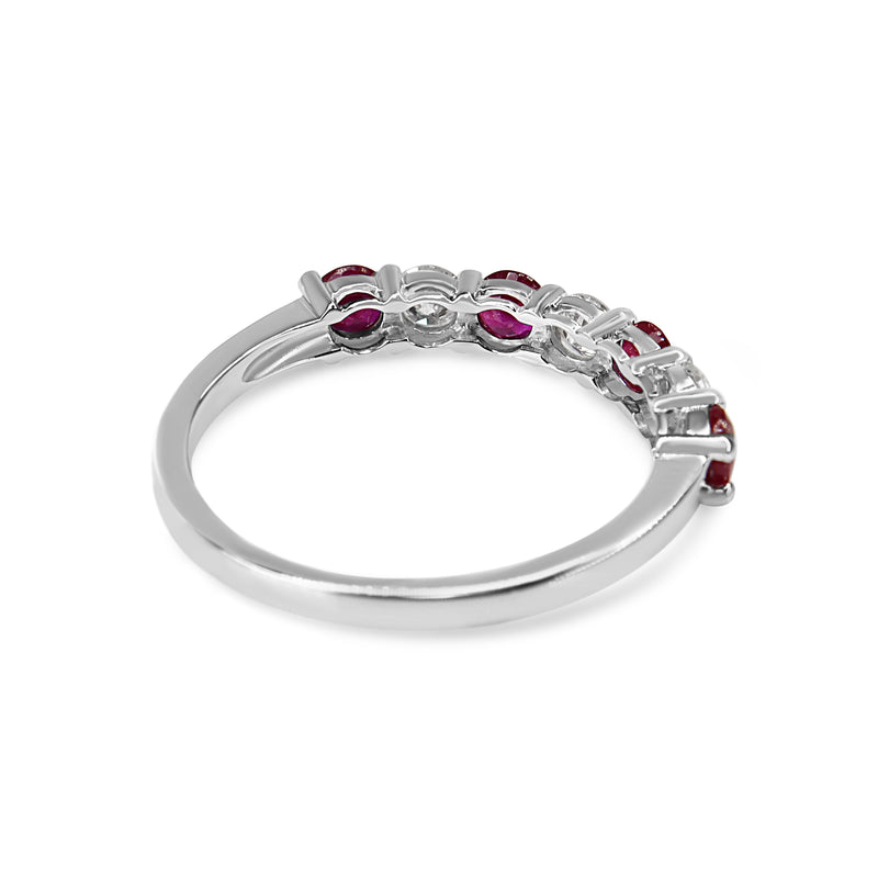 9ct White Gold Ruby and Diamond Shared Claw Band Ring