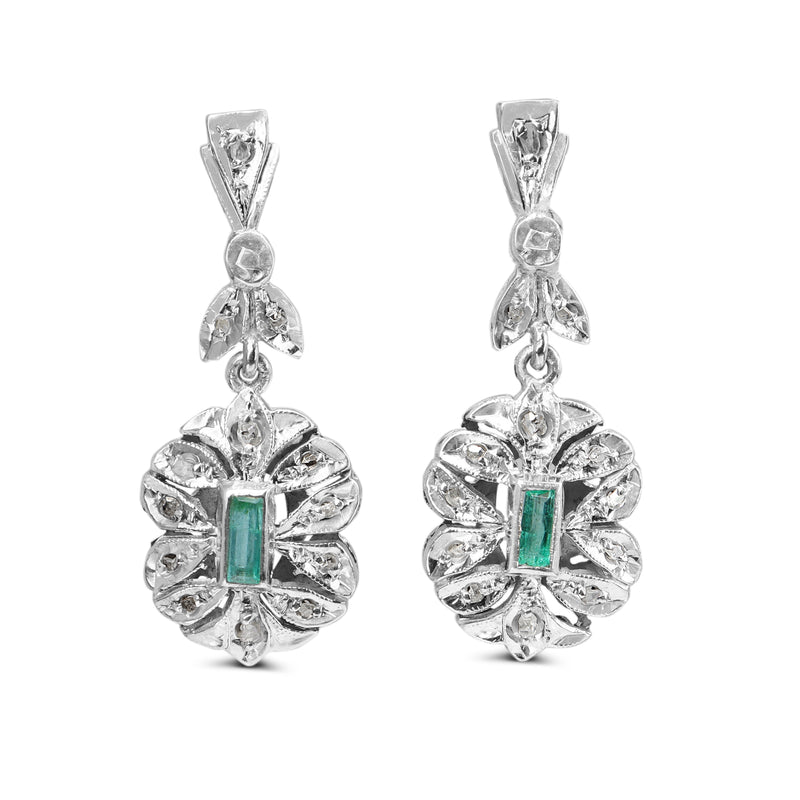 Palladium Emerald and Rose Cut Diamond Earrings