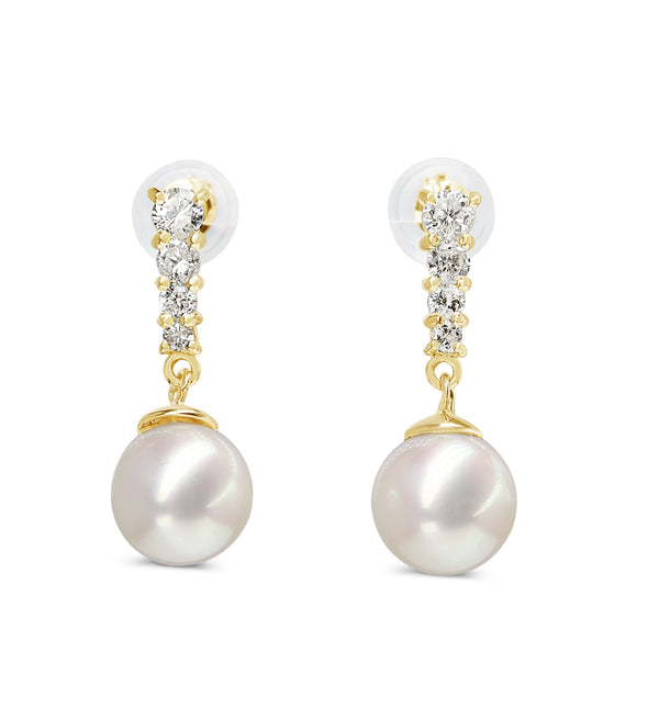 18ct Yellow Gold 7mm Akoya Pearls and Diamond Drop Earrings