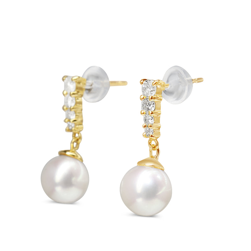 18ct Yellow Gold 7mm Akoya Pearls and Diamond Drop Earrings