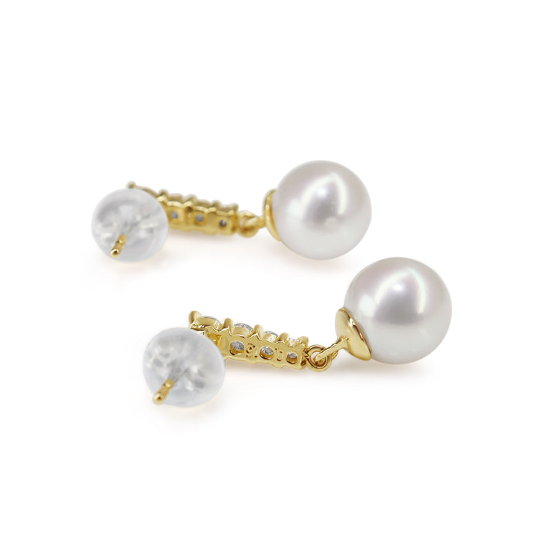 18ct Yellow Gold 7mm Akoya Pearls and Diamond Drop Earrings