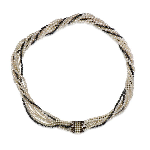 9ct Yellow Gold Vintage Seed Pearl and Hematite Necklace