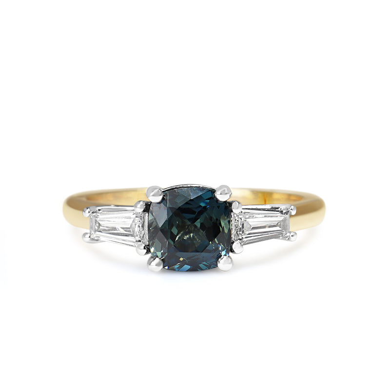 18ct Yellow and White Gold Cushion Sapphire and Tapered Baguette Diamond 3 Stone Ring