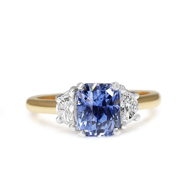 18ct Yellow and White Gold 2.60ct Cornflower Blue Sapphire and Half Moon Diamond 3 Stone Ring