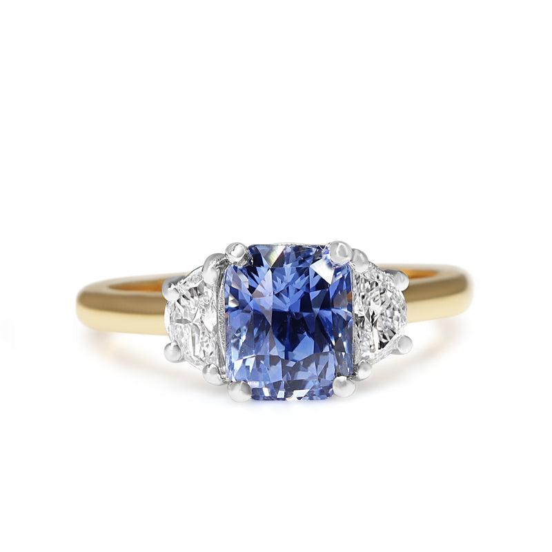 18ct Yellow and White Gold 2.60ct Cornflower Blue Sapphire and Half Moon Diamond 3 Stone Ring