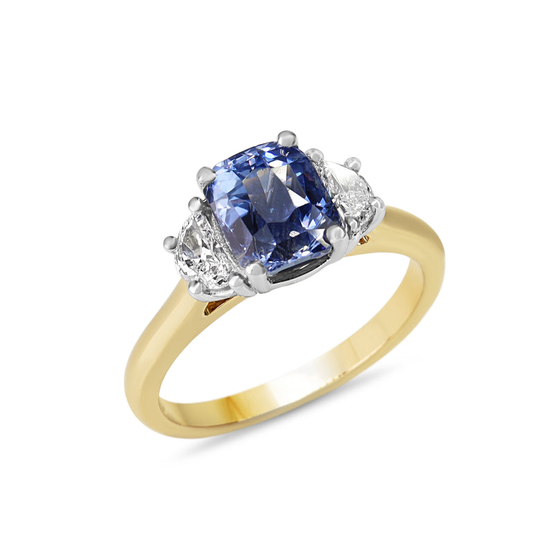 18ct Yellow and White Gold 2.60ct Cornflower Blue Sapphire and Half Moon Diamond 3 Stone Ring