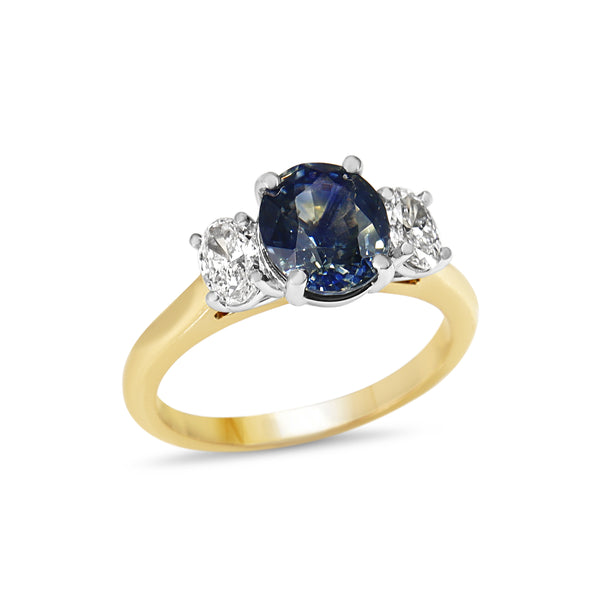 18ct Yellow and White Gold Oval Sapphire and Diamond 3 Stone Ring