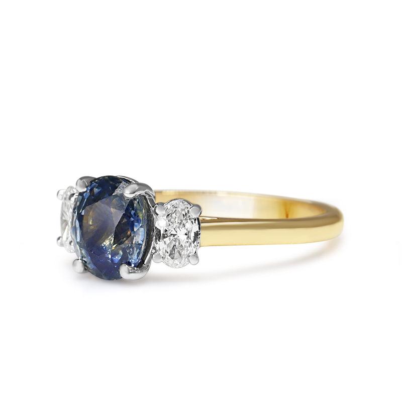 18ct Yellow and White Gold Oval Sapphire and Diamond 3 Stone Ring