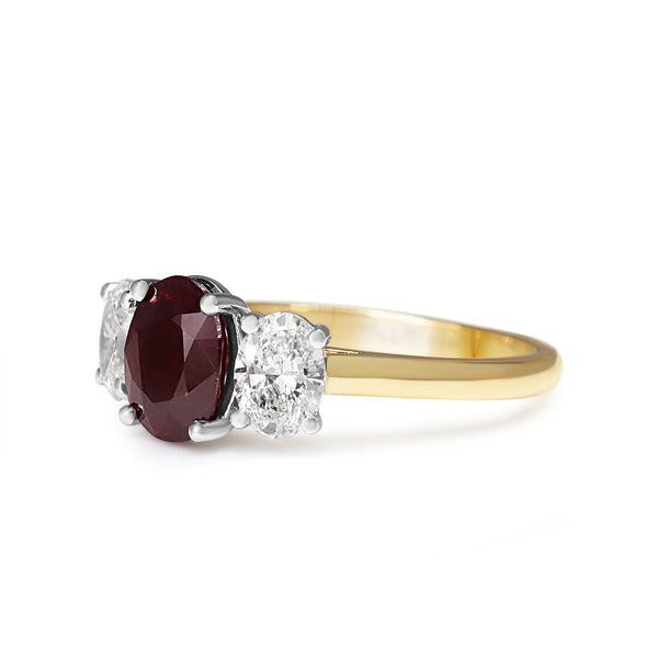 18ct Yellow and White Gold Oval Ruby and Diamond 3 Stone Ring