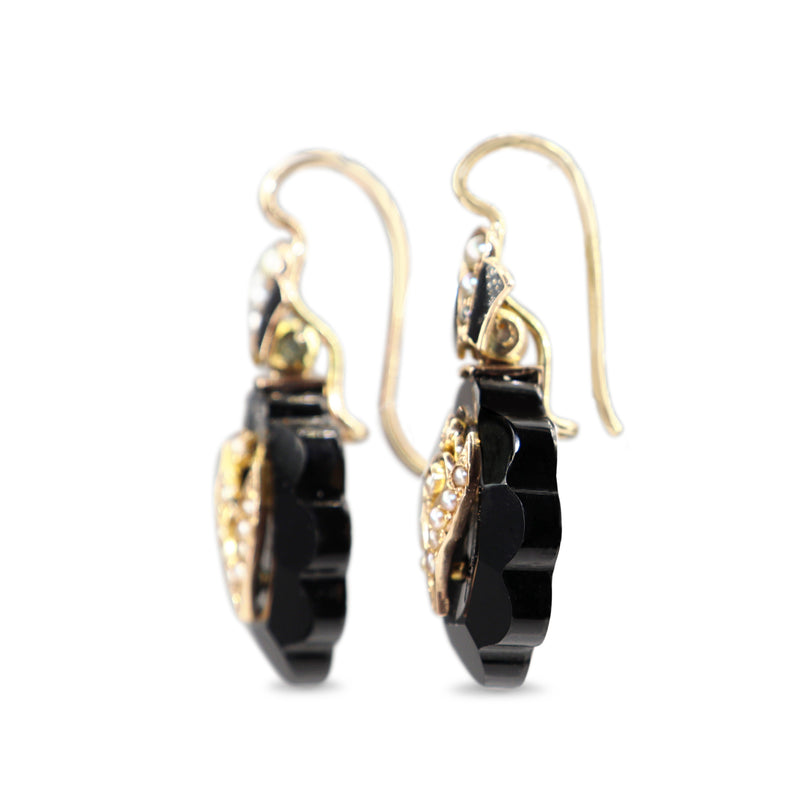 14ct Yellow Gold Jet and Seed Pearl Antique Earrings