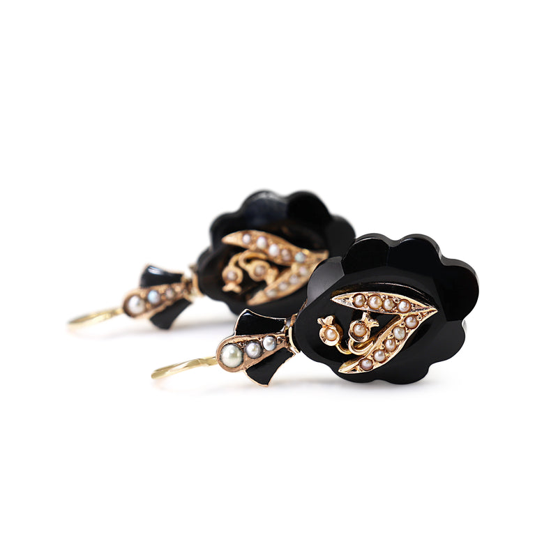 14ct Yellow Gold Jet and Seed Pearl Antique Earrings