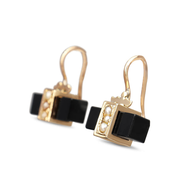 14ct Yellow Gold Art Deco Onyx and Pearl Earrings