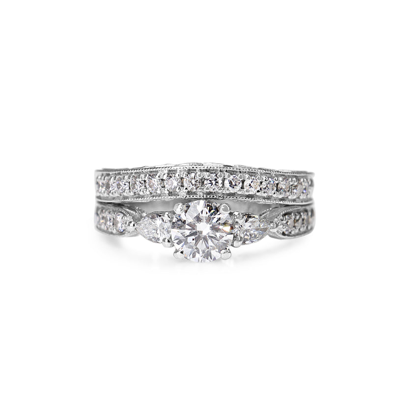18ct White Gold Diamond 3 Stone Ring with Round and Pear Diamonds and Etched Band