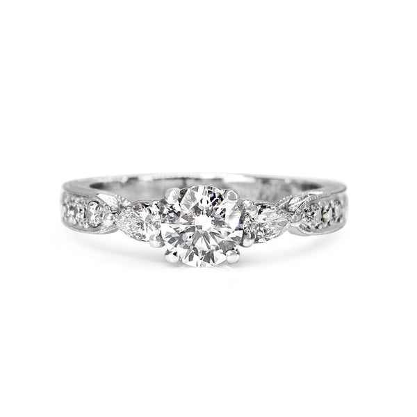 18ct White Gold Diamond 3 Stone Ring with Round and Pear Diamonds and Etched Band