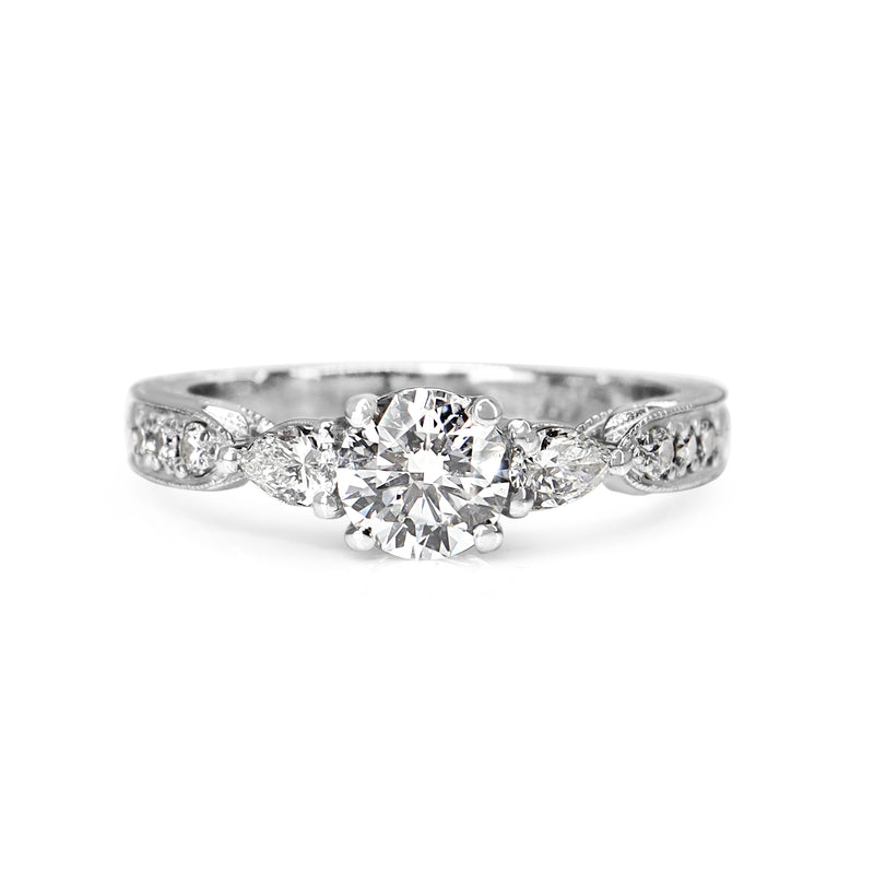 18ct White Gold Diamond 3 Stone Ring with Round and Pear Diamonds and Etched Band