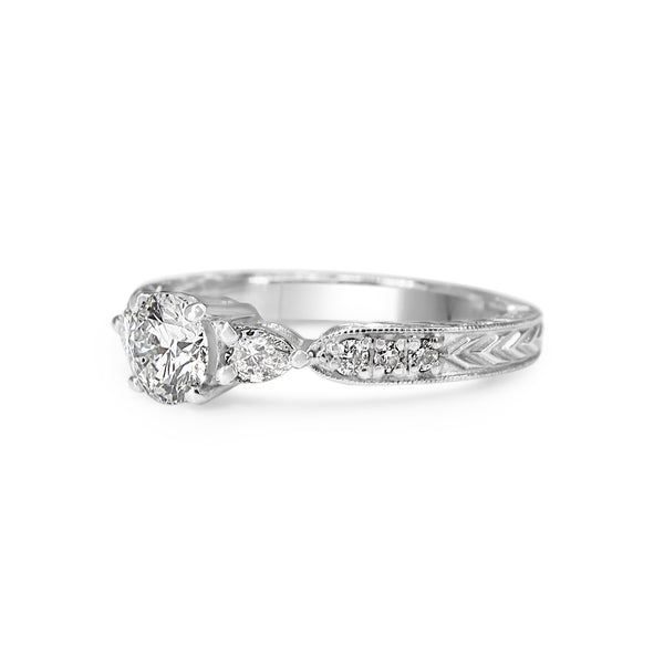 18ct White Gold Diamond 3 Stone Ring with Round and Pear Diamonds and Etched Band