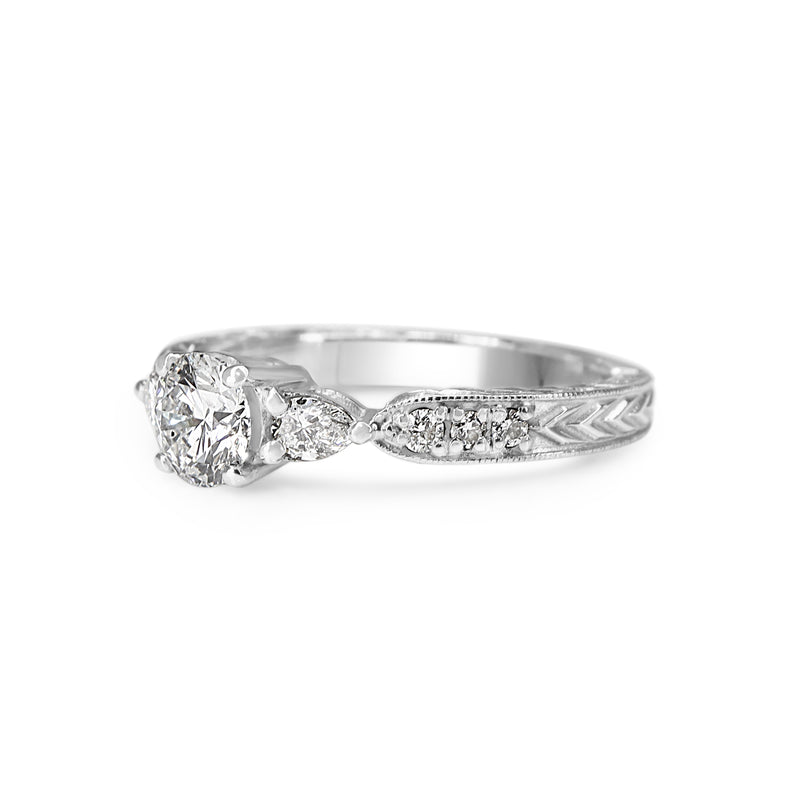 18ct White Gold Diamond 3 Stone Ring with Round and Pear Diamonds and Etched Band