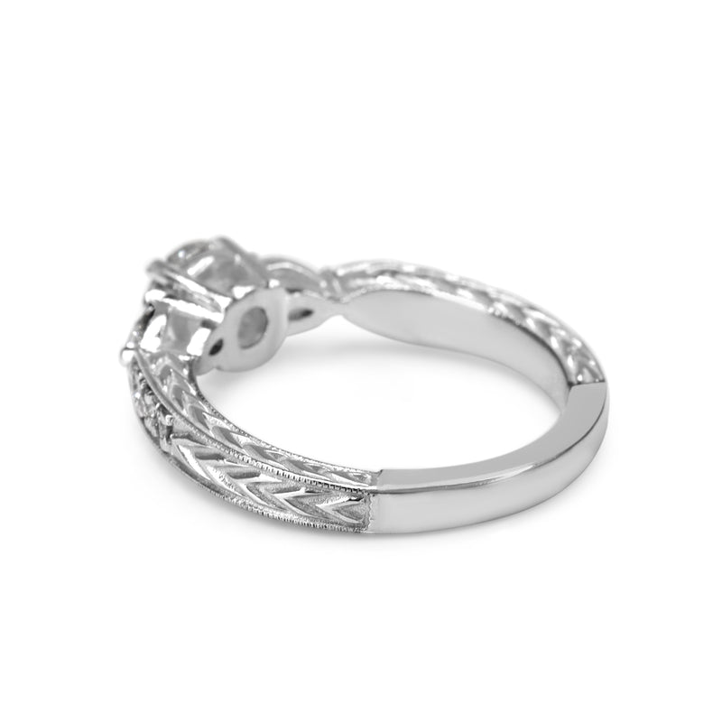 18ct White Gold Diamond 3 Stone Ring with Round and Pear Diamonds and Etched Band