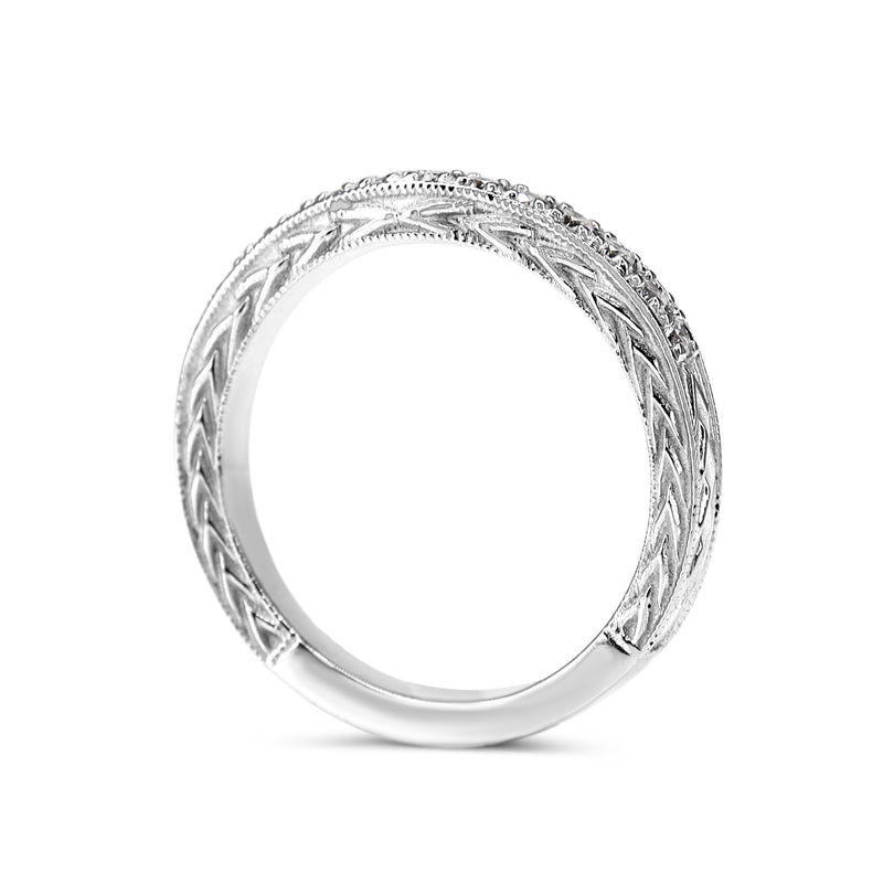18ct White Gold Fitted / Curved Diamond Band Ring with Etched Sides