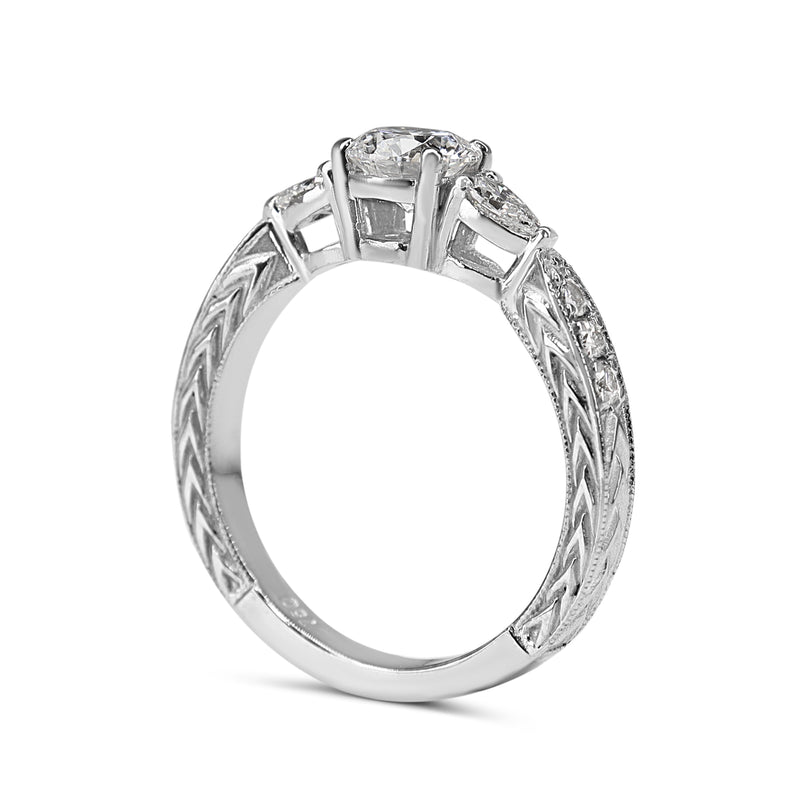18ct White Gold Diamond 3 Stone Ring with Round and Pear Diamonds and Etched Band
