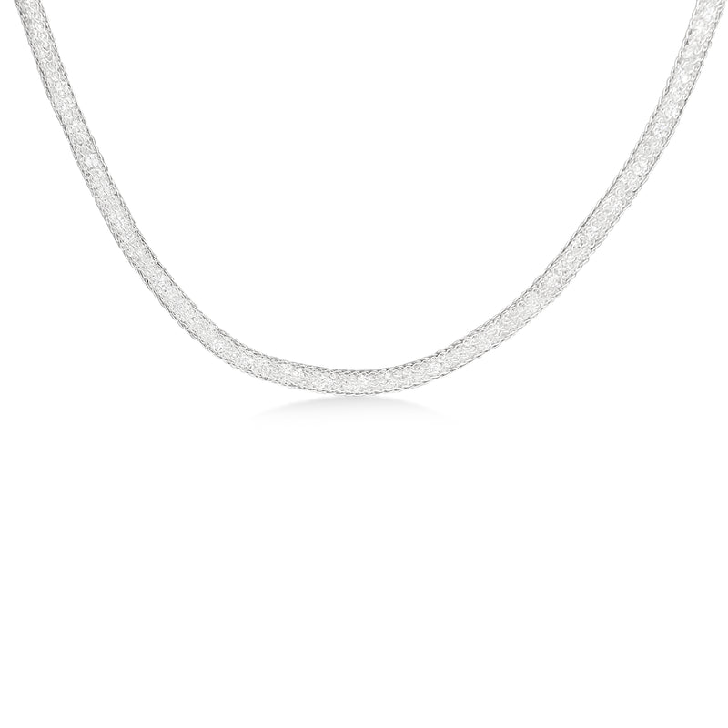 18ct White Gold Omega Style Mesh Wire Necklace Filled with Crystal